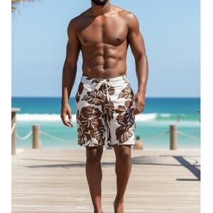 Quiksilver Men's Unlined Swim Trunks Size 36 Brown Leaf Print